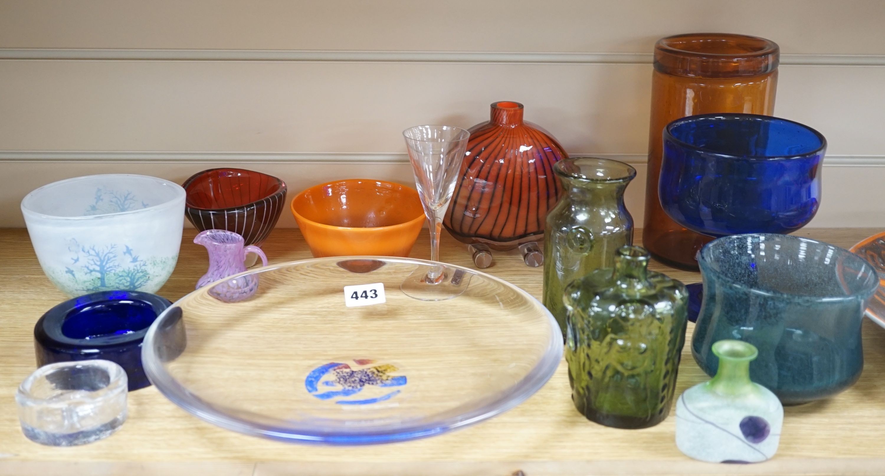 A Kosta Boda Bertil Vallien art glass dish, signed, No.79282 together with other Kosta Boda and Boda glassware-, dish 29.5 cms diameter.